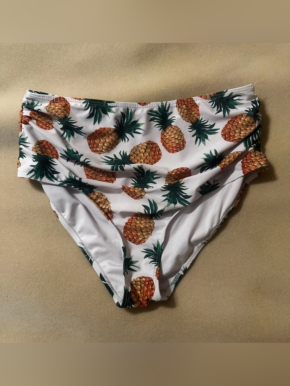 #1131‎ Pineapple Print High-Waisted Bikini Bottoms - White